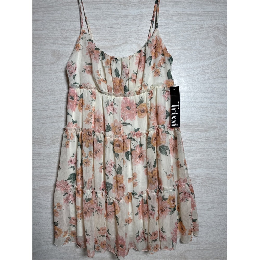 Trixxi brand sheer Peach floral overlay tiered mini dress Sz Large